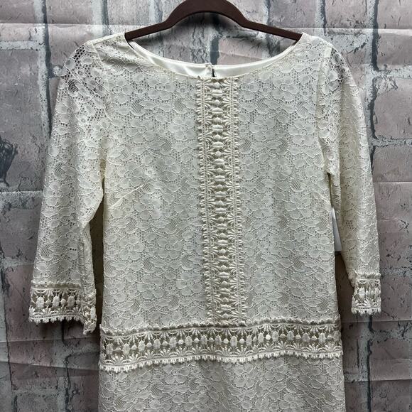 Laundry By Shelli Segal Jewel-Neck Lace 3/4 Sleeve Mini Dress White Size 4P $265 - Picture 7 of 12